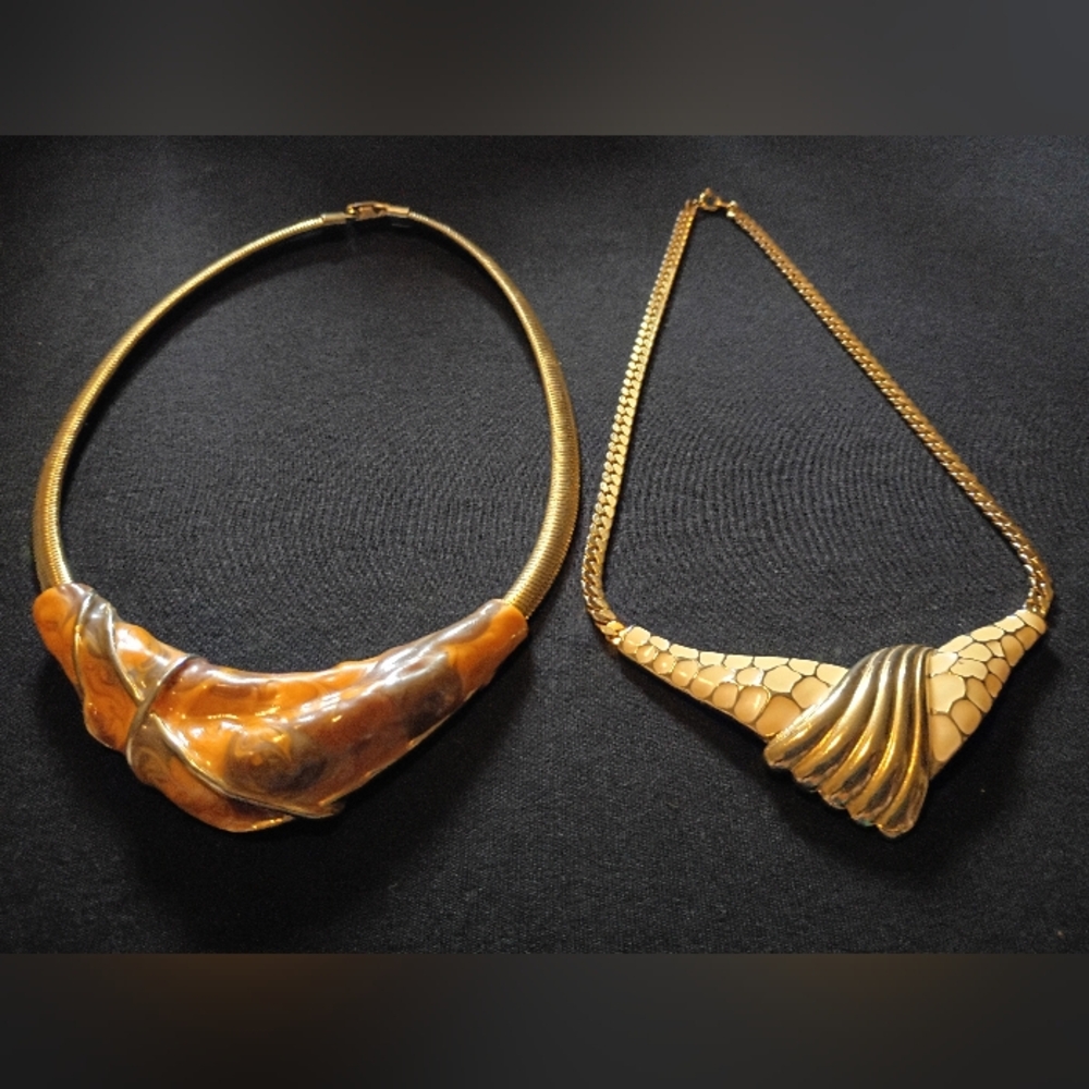 2 Vintage Enamel & Gold-tone Collar Necklaces.